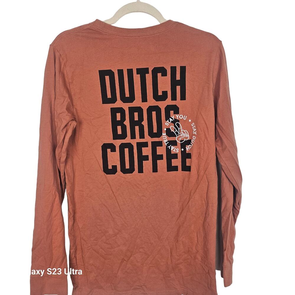 Dutch Bros Coffee LS Crew Neck T-Shirt Sz M Casual Spell Out Graphic Tee Orange